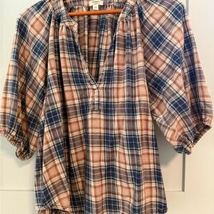 dylan Orange and Blue Plaid Puff Sleeve Blouse